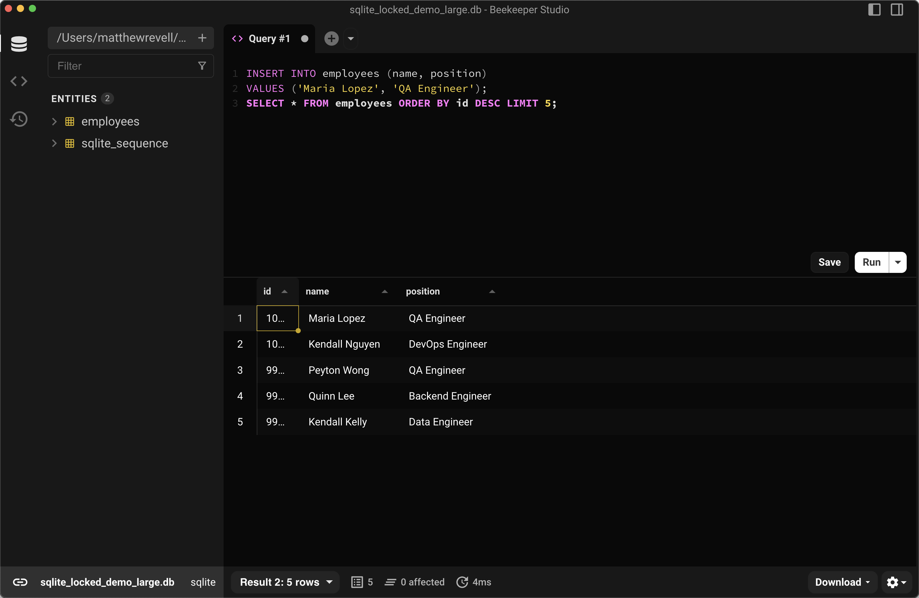Beekeeper Studio showing a successful SQL insert and select query on an SQLite database, confirming that new rows can be written after resolving a lock.